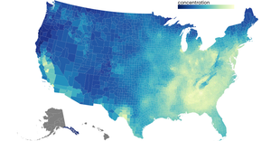 Pollution in US with counties with color legend